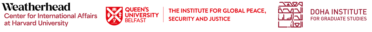 Three logos in a row for the Weatherhead Center, Queen's College, and the Doha Institute.