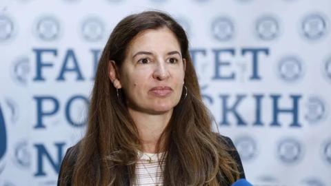 Woman with long brown hair speaking into a microphone.