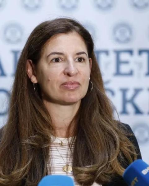 Woman with long brown hair speaking into a microphone.